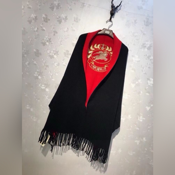 Burberry Accessories - Burberry Black and Red Embroidered Logo Letter Cavalry Tassel Shawl